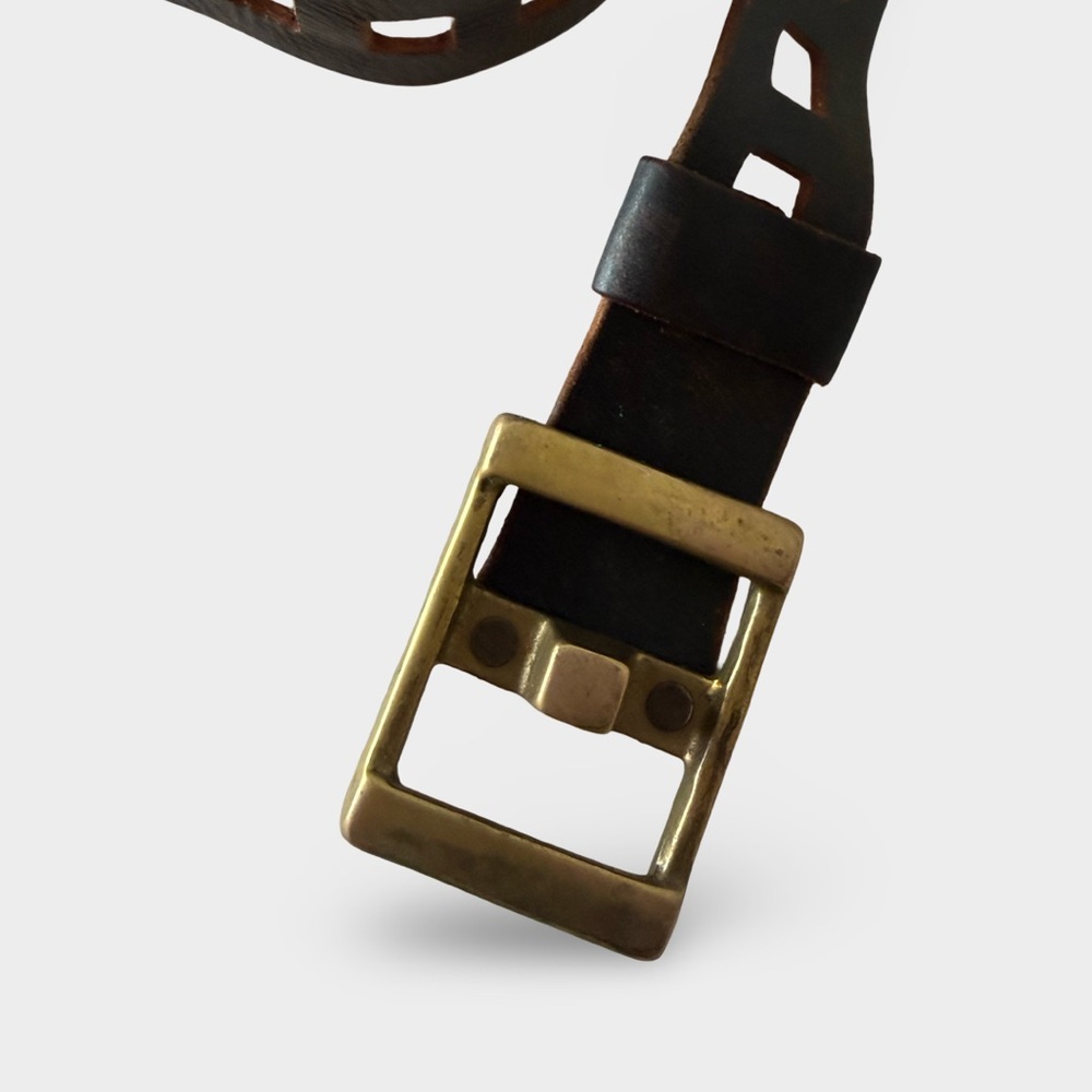 Vintage Leather Belt Solid Brass Buckle Distressed Brown Wide Belt